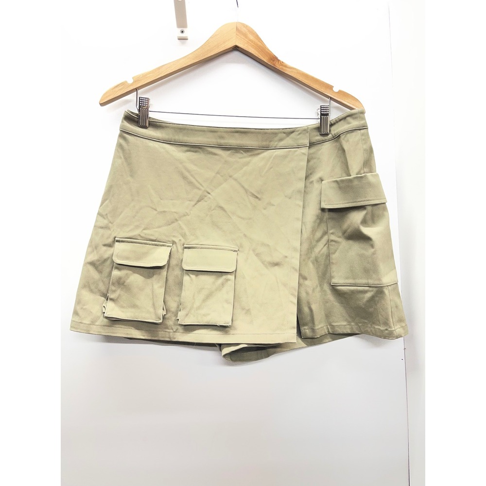 L'academie Women Khaki Cargo Skort Wrap Front Utility Mini Skirt Size L
